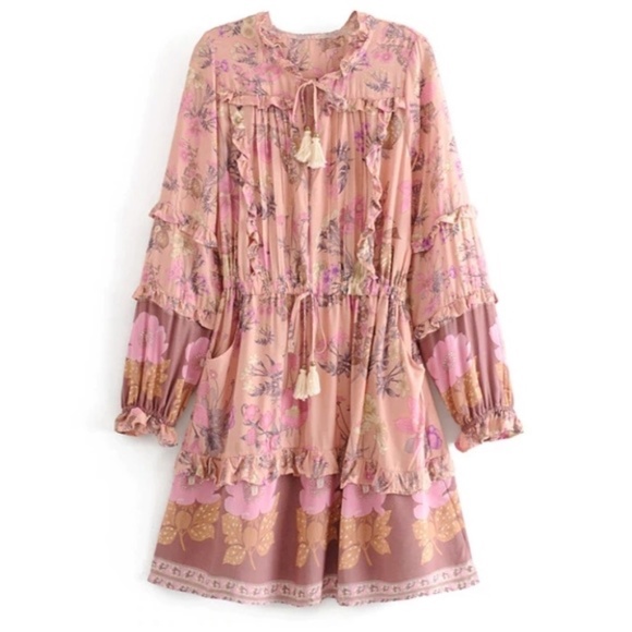 SOLD OUT Boho Gypsy Floral Long Sleeve Ruffle Mini Dress - Picture 4 of 9